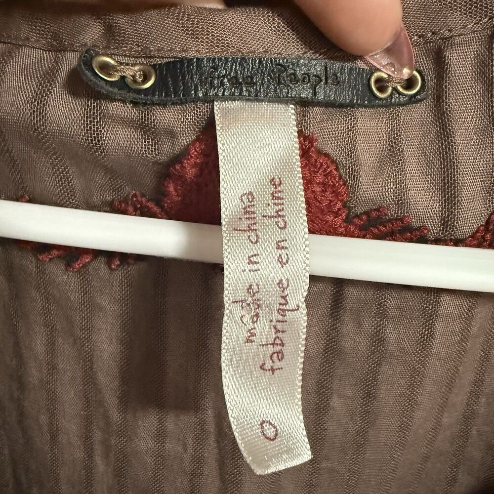 Free People Women Embroidered Scoop Neck Short Sleeve Stripe Top Brown 0 Boho - Picture 4 of 6